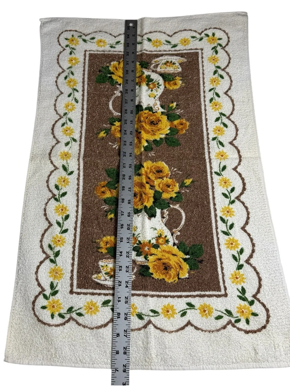 Vintage Sayco Hand Towel Yellow Brown Flowers Print Kitchen Towel Dainty Feminin